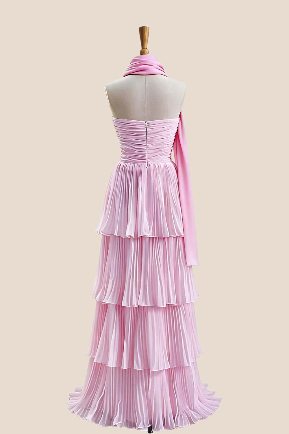 Pink Pleated Tiered Maxi Dress with Scarf - Image 2
