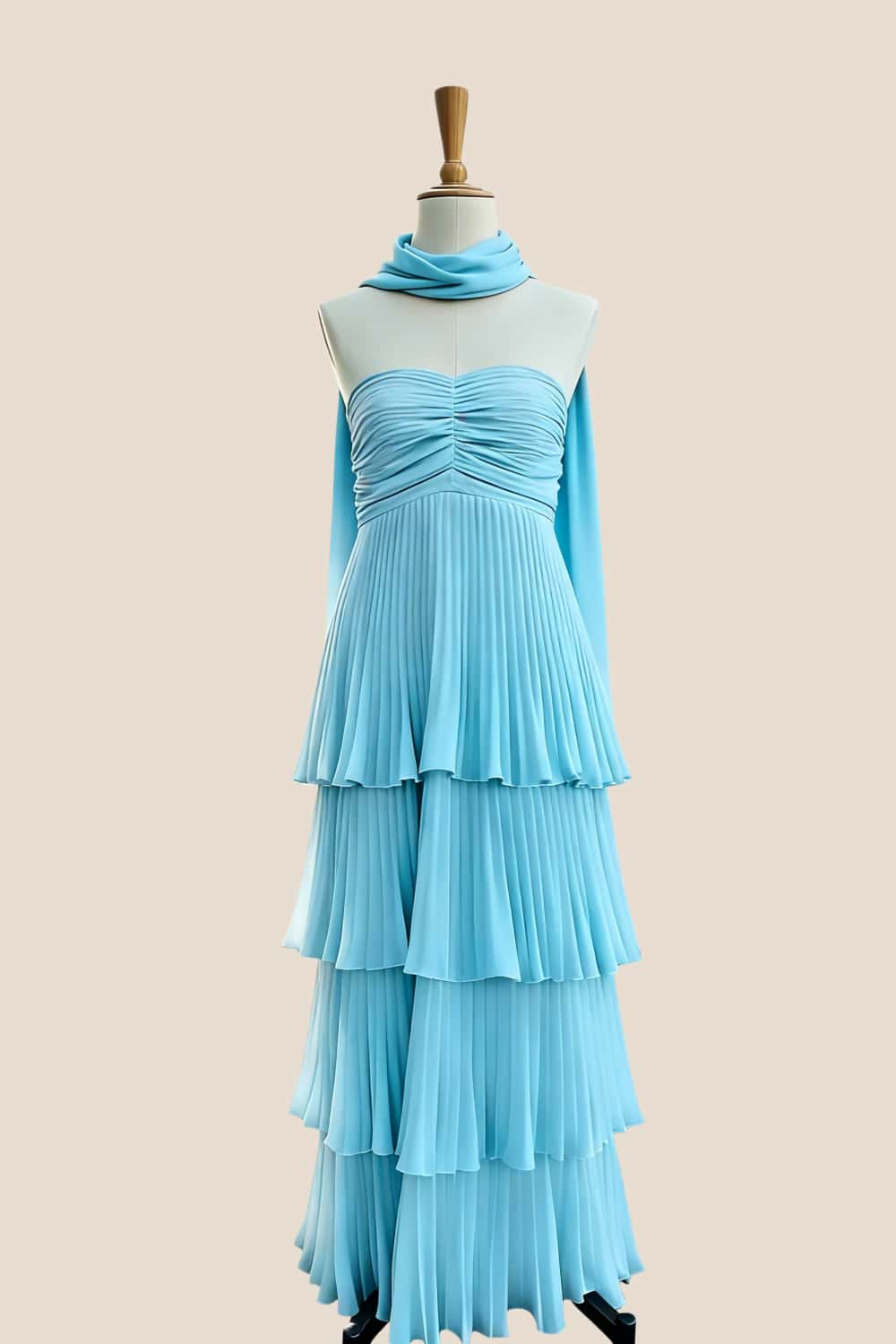 Pink Pleated Tiered Maxi Dress with Scarf - Image 6