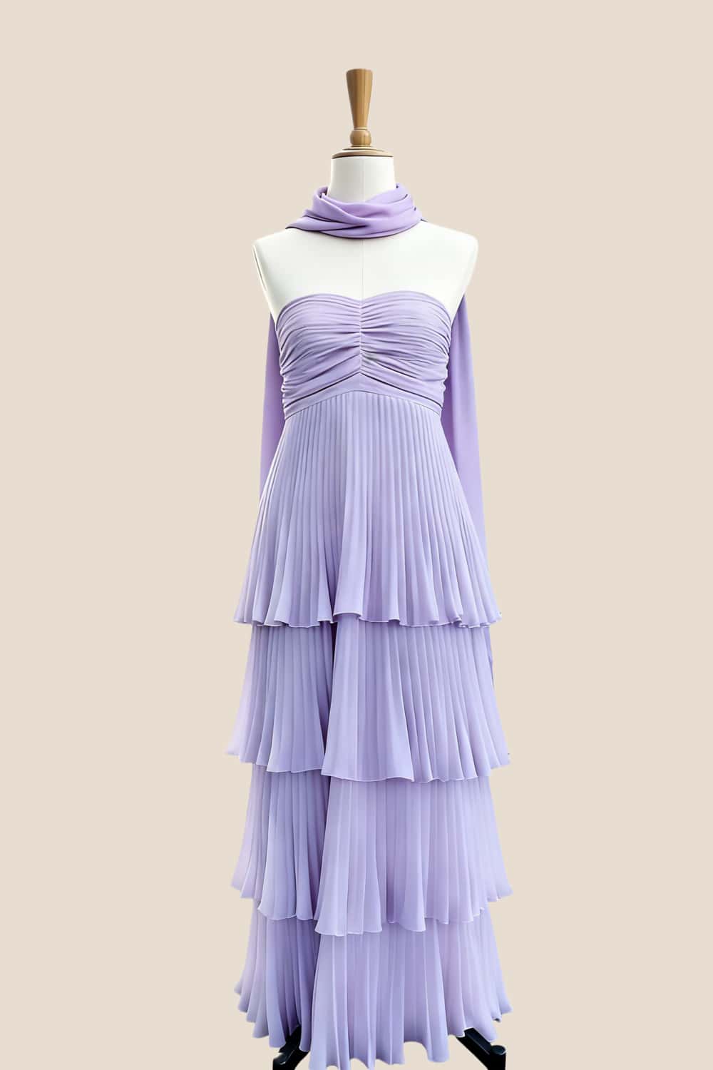 Pink Pleated Tiered Maxi Dress with Scarf - Image 7
