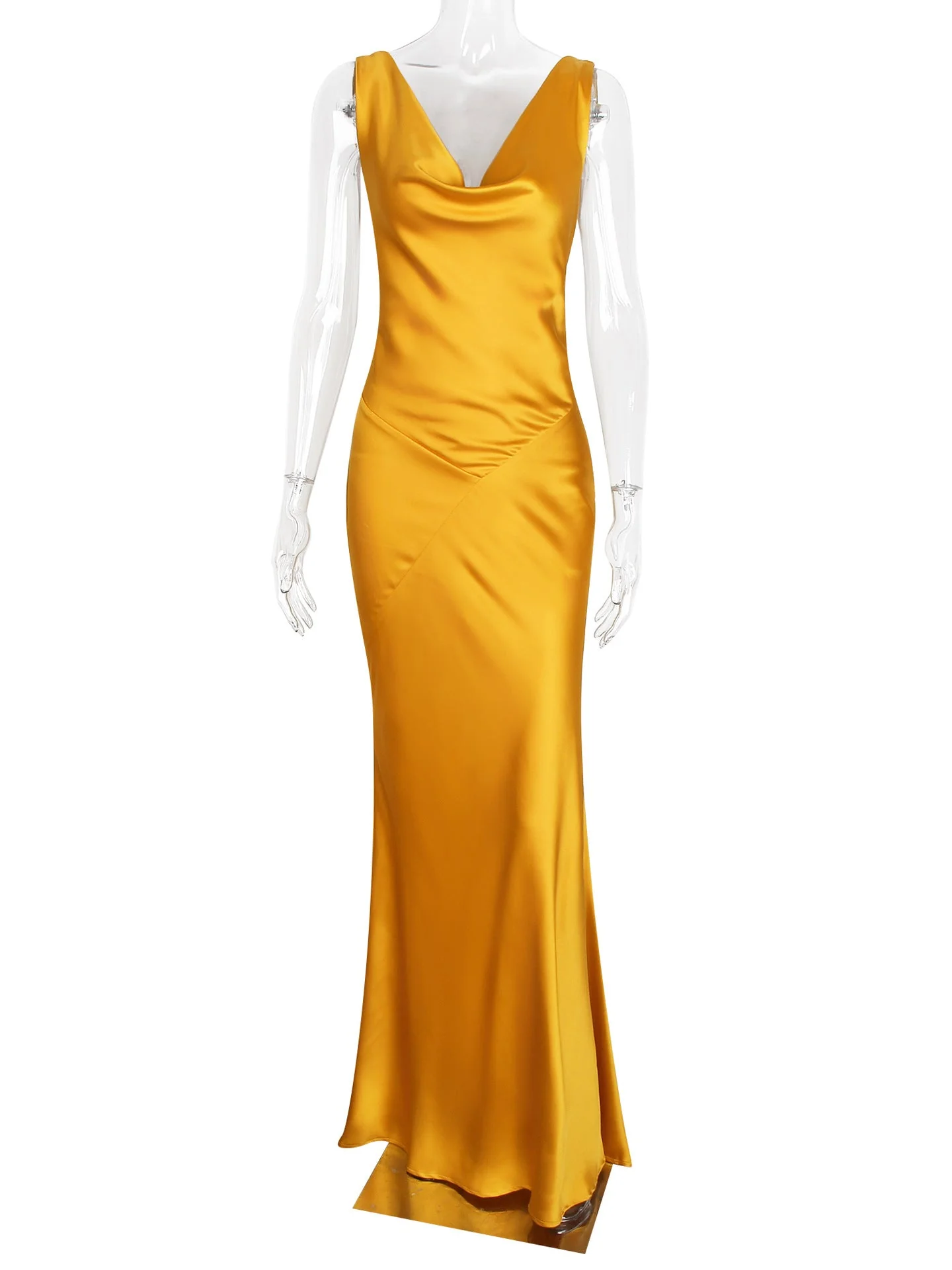 Yellow Satin Open Back Fitted Dress - Image 5