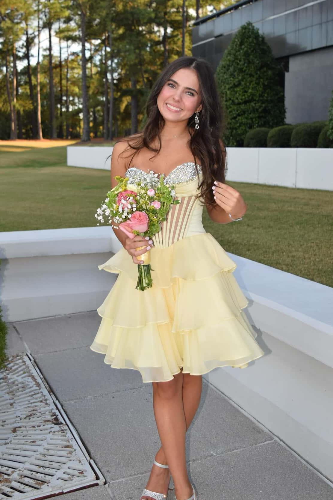 Yellow Sheer Corset Ruffle Short Dress - Image 2