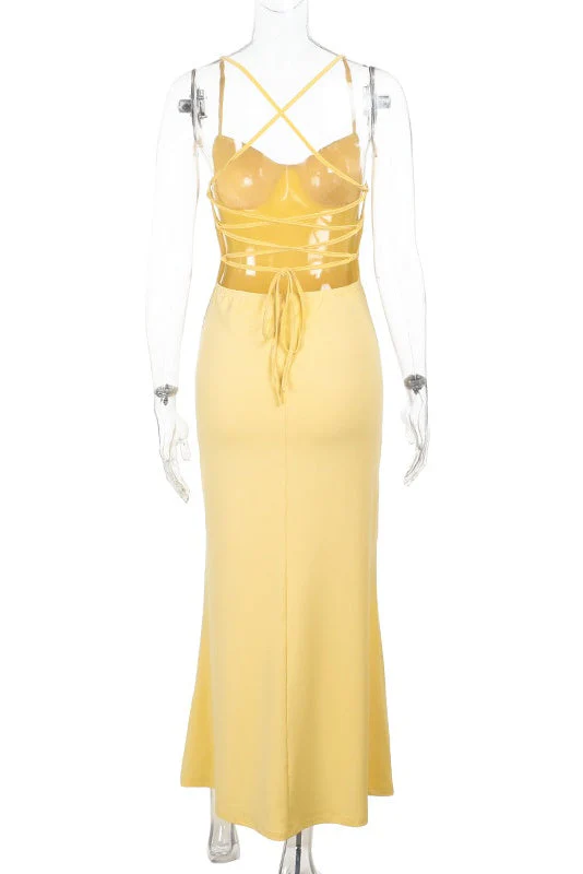 Yellow Spaghetti Straps Tight Long Dress - Image 2