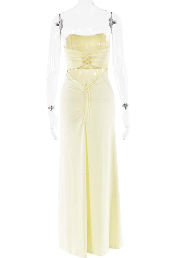 Yellow Strapless Spandex Fitted Long Dress - Image 2