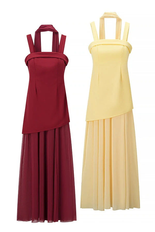 Yellow Straps A-line Maxi Dress with Scarf - Image 3