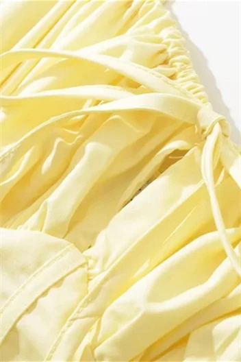 Yellow Tie Front Ruched Long Dress with Slit - Image 4